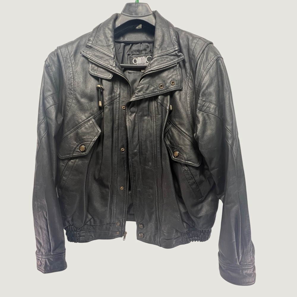 Antonio Giovanni Mens Black Leather Bomber Jacket Vintage Size L Full Zip Pocket